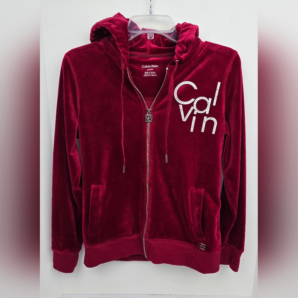 Calvin Klein Full Zip Velour Women's Hooded Track Jacket Size Small Burgundy